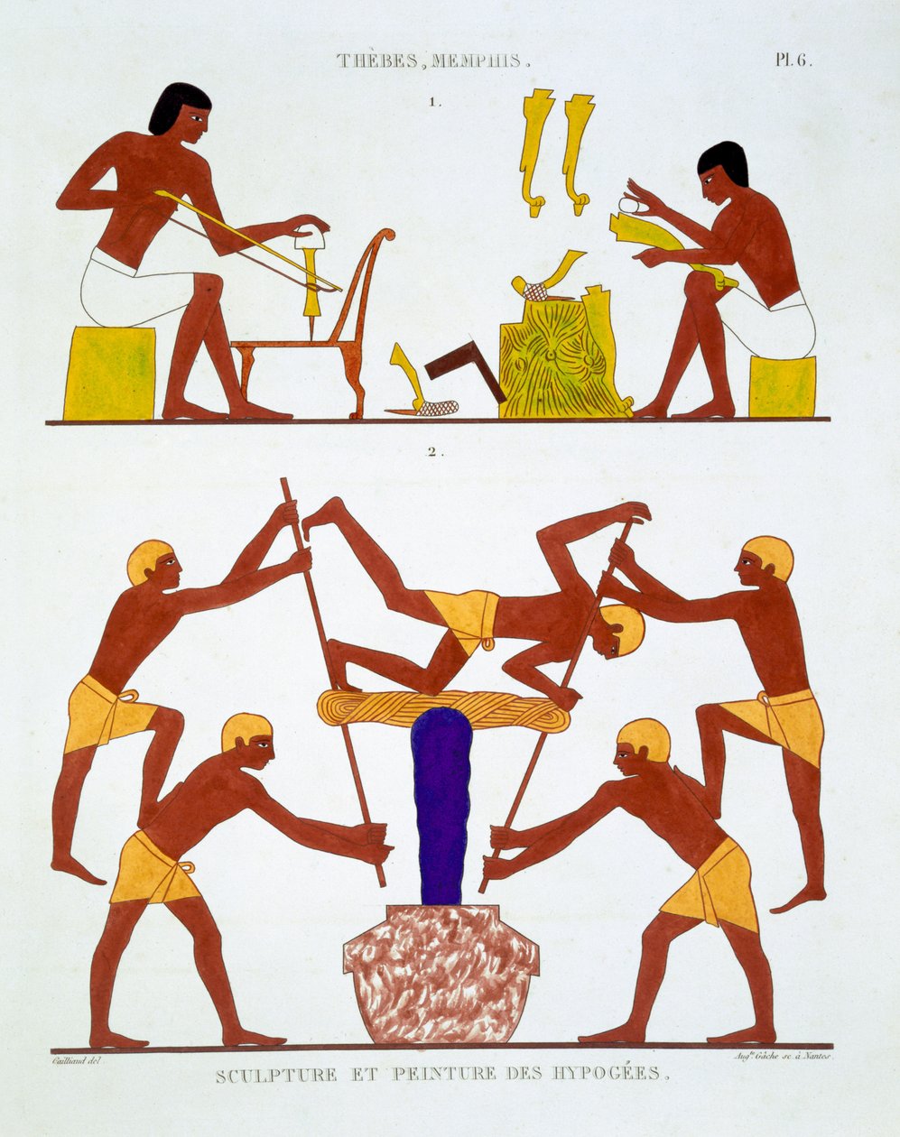 来自底比斯壁画的罕见记录的木工和染色布料，由Frederic Cailliaud（1787-1869）第二次访问埃及时记录了1819-1822，彩色石版画 作者 弗雷德里克·卡里奥（Frederic Cailliaud）