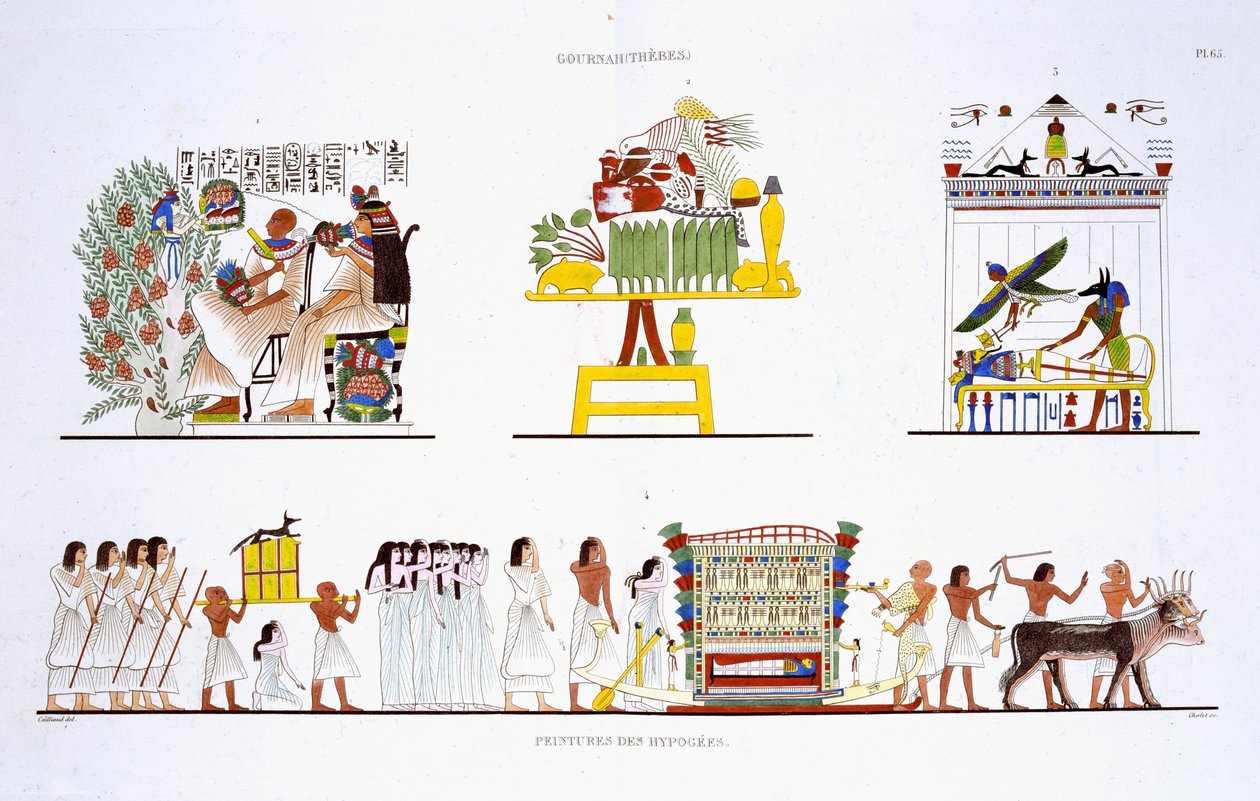 来自底比斯壁画的罕见纪录的丧葬仪式，记录了1819  -  1822年Frederic Cailliaud（1787-1869）第二次访问埃及，彩色石版画 作者 弗雷德里克·卡里奥（Frederic Cailliaud）