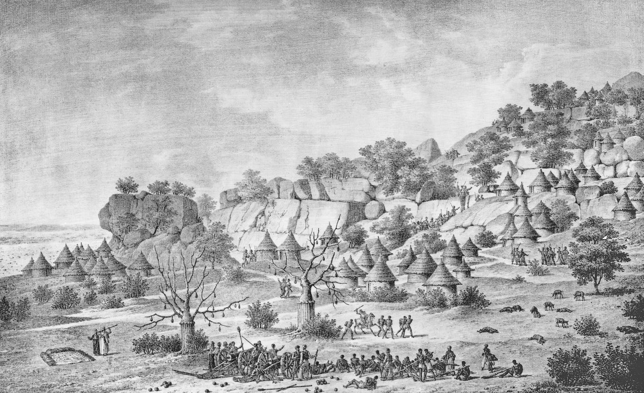 Bertat地区阿加迪北部村庄的景色，从“Meroe之旅：到白河，在Snnar a Syouah王国南部的Fazoq之外”，1827年出版 作者 弗雷德里克·卡里奥（Frederic Cailliaud）