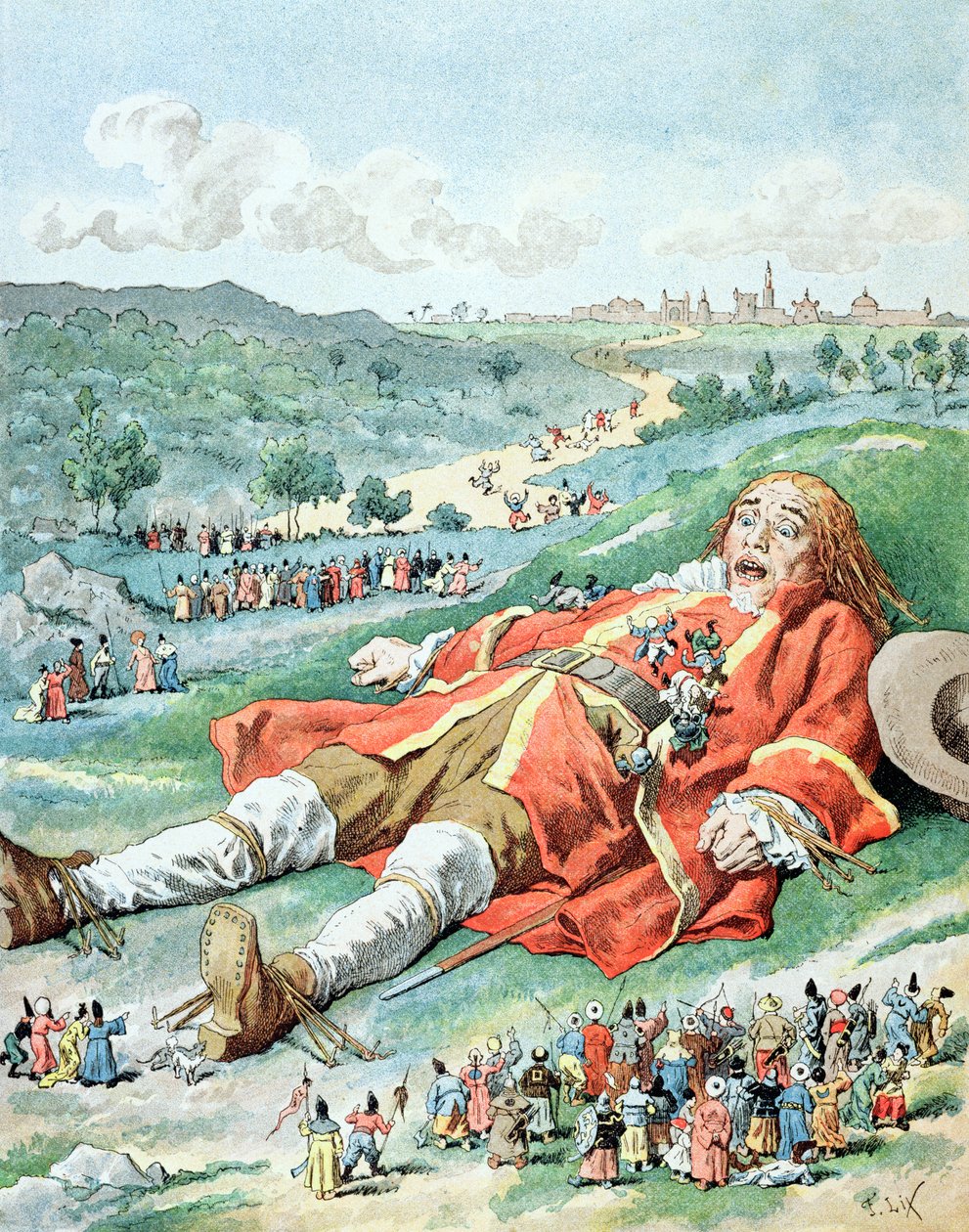 “我发现我的胳膊和腿绑在地上......”，Jonathan Swift撰写的“Gulliver&39;s Travels”中的插图（1667-1745） 作者 弗雷德里克·西奥多·利克斯