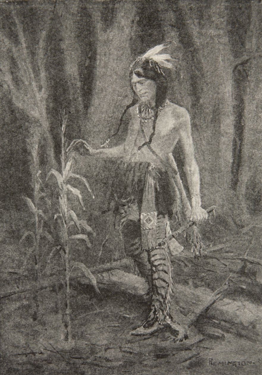 他看到一个年轻人接近，穿着绿色和黄色的衣服，来自Hiawatha之歌，Henry Wadsworth Longfellow（1807-82），酒吧。作者：George G. Harrap und Company Ltd.，1911 作者 弗雷德里克·雷明顿