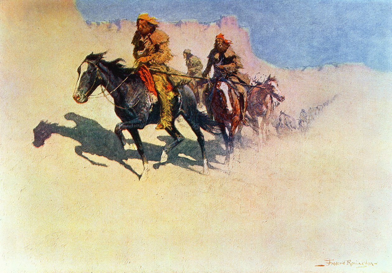 Jedediah Smith从格林河穿越沙漠到圣地亚哥的西班牙定居点，来自“伟大的探索者”，1906年 作者 弗雷德里克·雷明顿