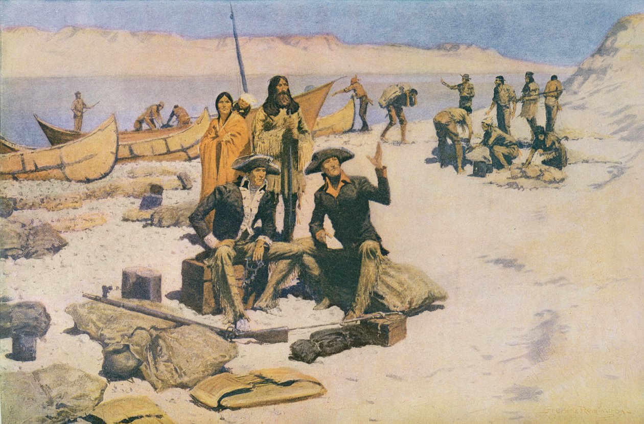 1905年5月12日，路易斯和克拉克在哥伦比亚河口，1805年，来自“科利尔杂志” 作者 弗雷德里克·雷明顿
