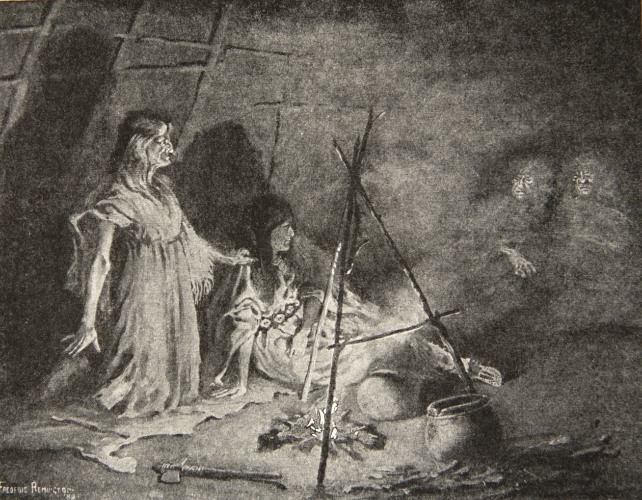 坐在最远的角落里，蹲伏在阴影之中，来自Hiawatha之歌的Henry Wadsworth Longfellow（1807-82），酒吧。作者：George G. Harrap und Company Ltd.，1911 作者 弗雷德里克·雷明顿