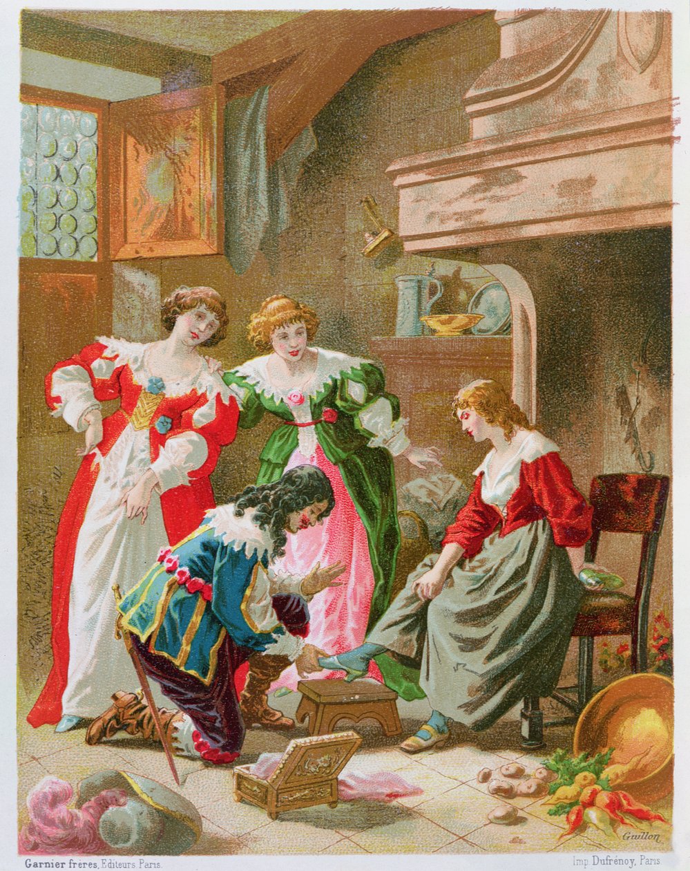 灰姑娘试穿玻璃拖鞋，来自&39;Les Contes de Perrault&39;（chromolitho） 作者 弗雷德里克·西奥多·利克斯