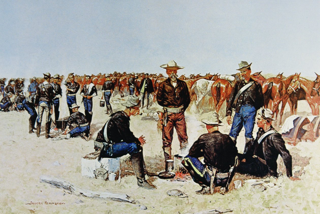 骑兵在平原上的早餐，来自一幅油画，约1890年（彩色平印）。 作者 雷明顿（后）弗雷德里克（Frederic）
