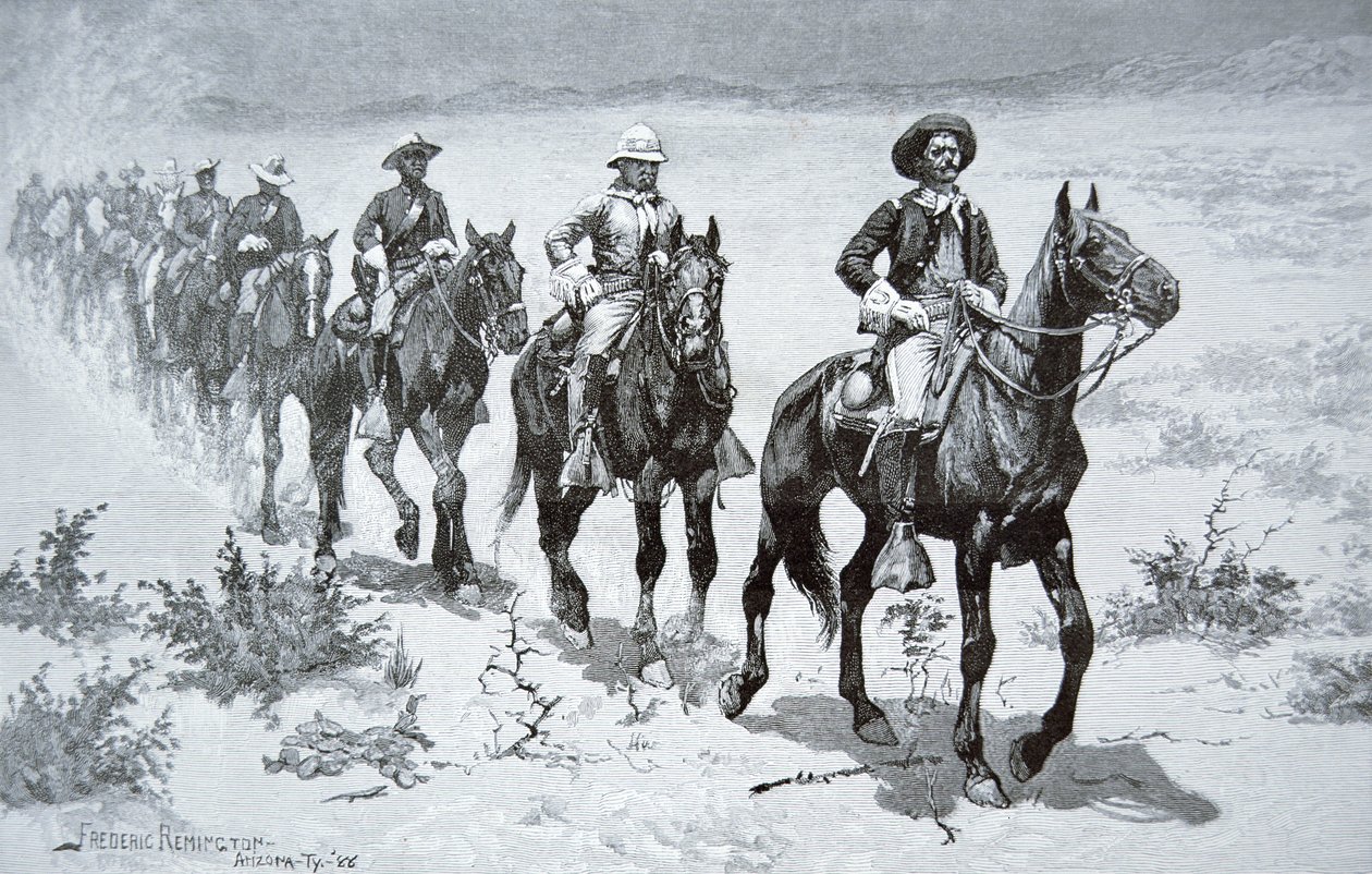 美国“布法罗士兵”在沙漠中行进，来自 1888 年的图画（版画） 作者 雷明顿（后）弗雷德里克（Frederic）