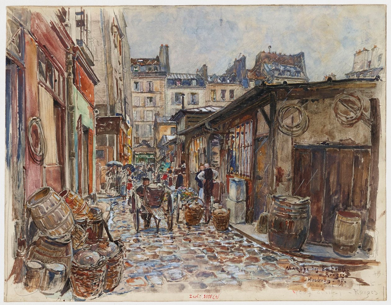 西侧，雨中的玛格·德·鲁昂·马格斯（Marchédes Enfants Rouges），在雨中 作者 弗雷德里克·阿纳托尔·霍布伦