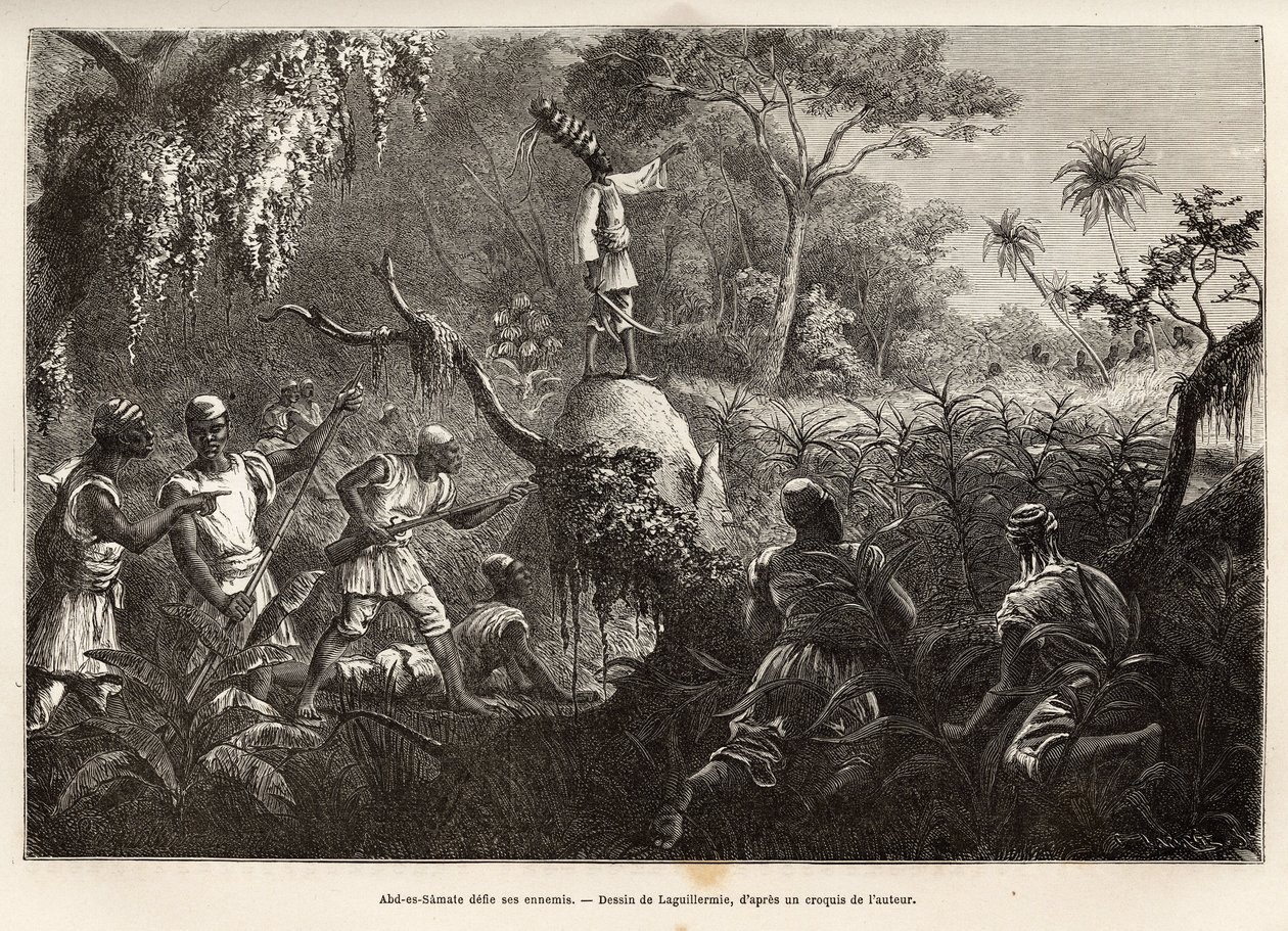 Abd es Samate，蒙布图斯国王Mounza的朋友和副官，挑战他的敌人Zandes（或niam niam），后者向他们宣战，根据Laguillermie的绘图雕刻，说明1868-1871年前往非洲中心的旅程，由 作者 弗雷德里克·奥古斯特·拉吉列米