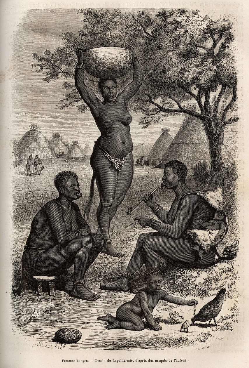 妇女邦戈（苏丹中部）的类型和活动，以及她们戴在耳朵和嘴唇上的金属装饰品、铃铛和订书钉，根据 Laguillermie 的绘画雕刻，描绘了 1868-1871 年前往非洲中心的旅程，由 Dr. . 乔治 作者 弗雷德里克·奥古斯特·拉吉列米
