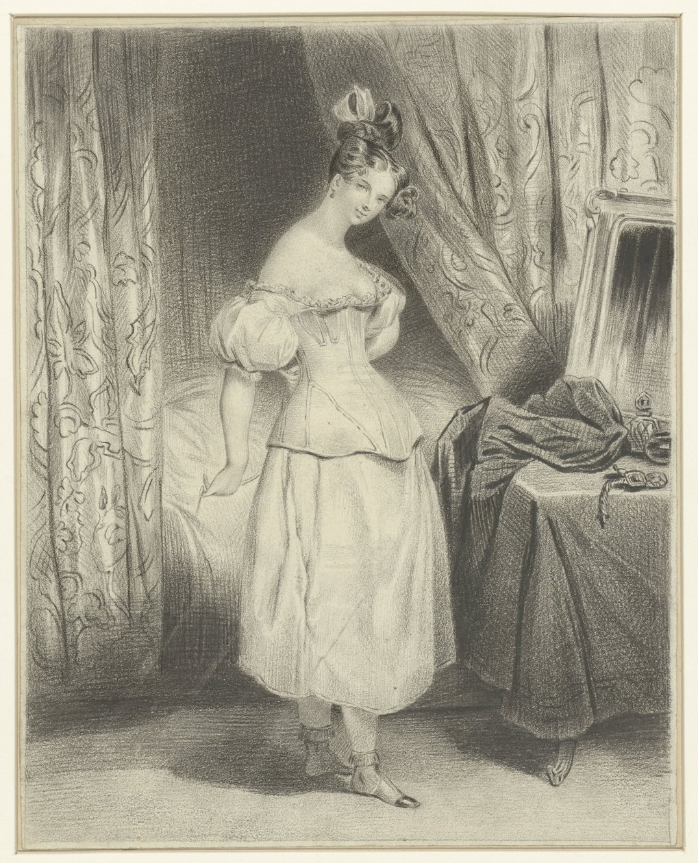 年轻女子在卧室解开紧身胸衣的扣子 作者 弗雷德里克·布肖（Frederic Bouchot）