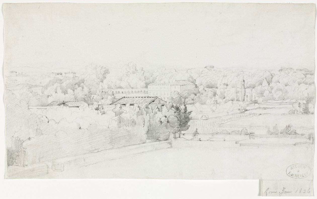 从美第奇别墅（Villa Medici）看博尔盖塞别墅（Borghese）及其奥兰治里的景色，1826年。 作者 弗雷德里克·布尔乔瓦·德·梅西
