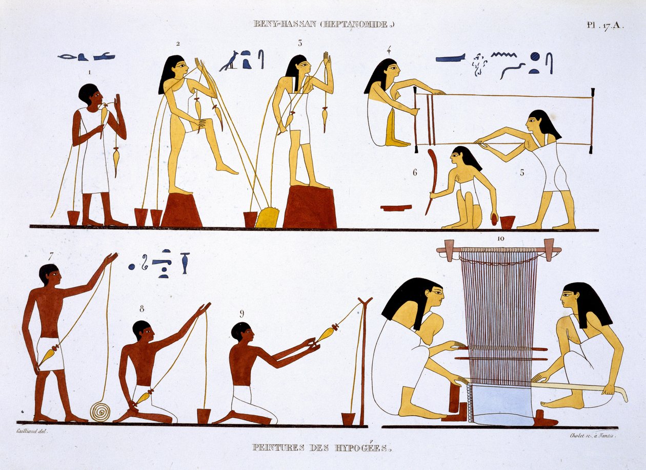 来自底比斯壁画的罕见记录中的旋转线和编织记录了1819  -  1822年弗雷德里克·凯利亚德（Frederic Cailliaud，1787-1869）第二次访问埃及时的彩色石版画 作者 弗雷德里克·卡里奥（Frederic Cailliaud）