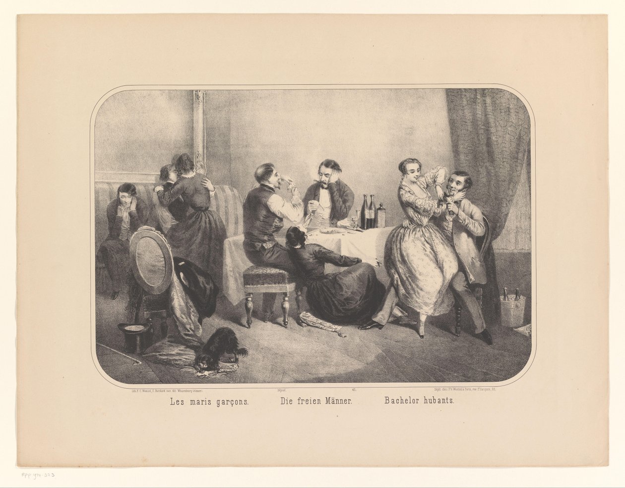 室内的一组男女
Les maris garçons / Die freien Männer / Bachelor hubants（物品上的标题） 作者 弗雷德里克·查尔斯·温策尔（可能）