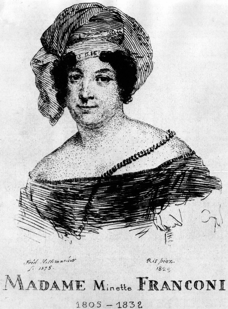 马戏团：Frédéric Hillemacher的Eau forte，Minette Franconi夫人（1805-1832）的肖像--载于《Franconi马戏团》。 作者 弗雷德里克·德西·希勒马赫