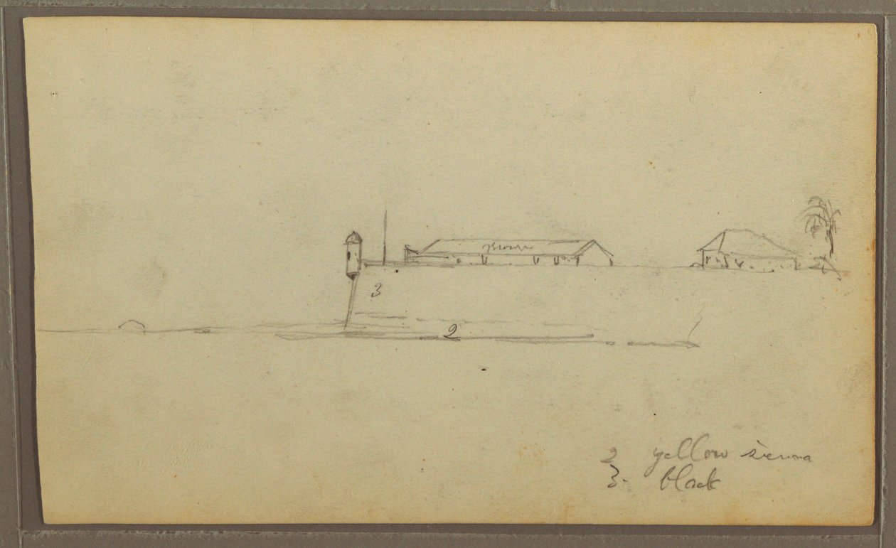 素描，一个堡垒；背面：植物素描，房屋，1857 年 作者 弗雷德里克·埃德温·丘奇