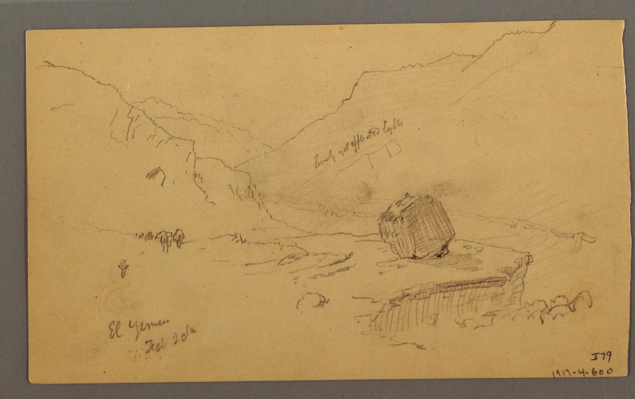 素描，有房屋的海湾，背后的山脉，1868 年 1 月 作者 弗雷德里克·埃德温·丘奇