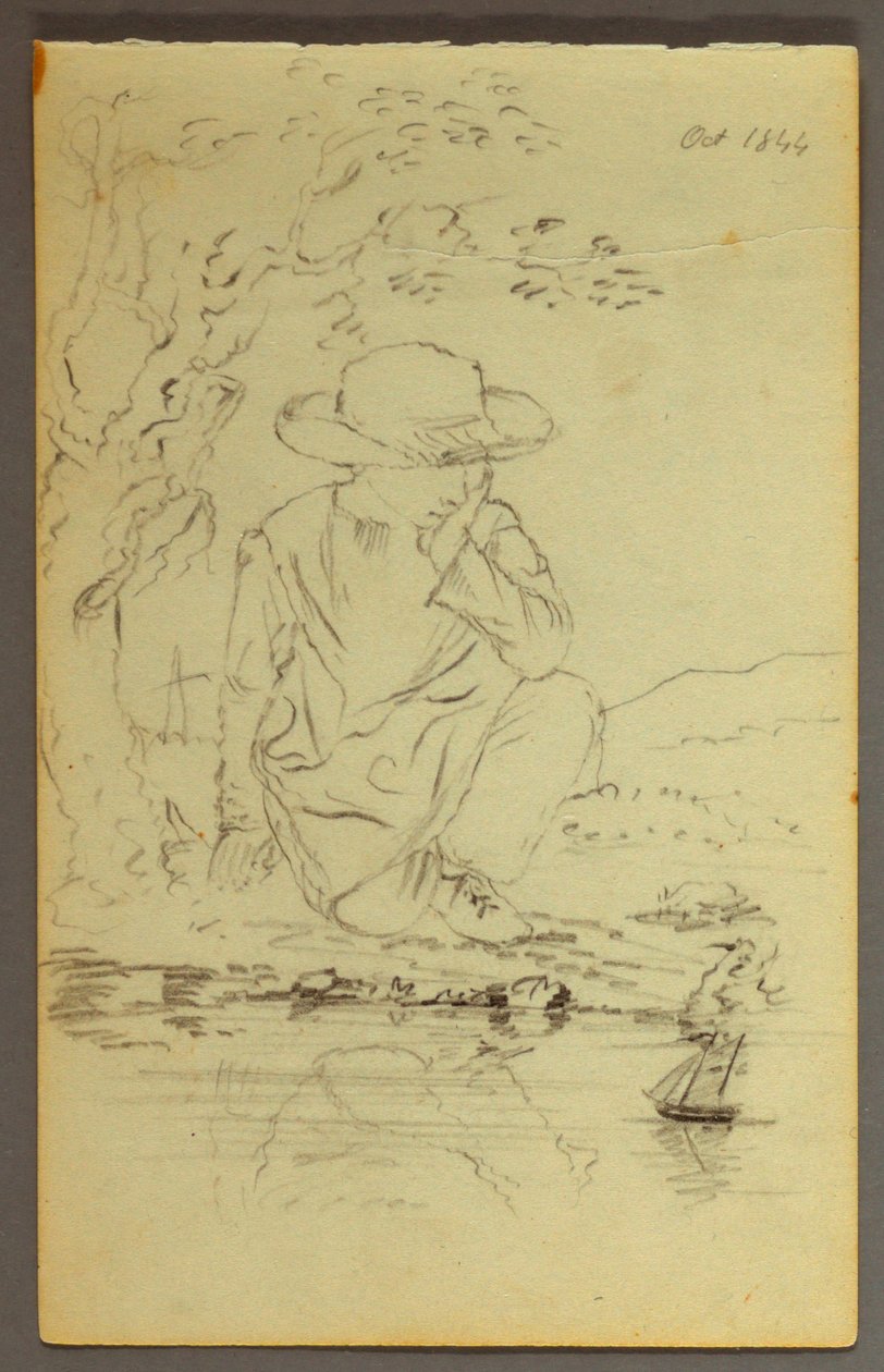 素描，跪在树旁的男孩，1844 年 作者 弗雷德里克·埃德温·丘奇