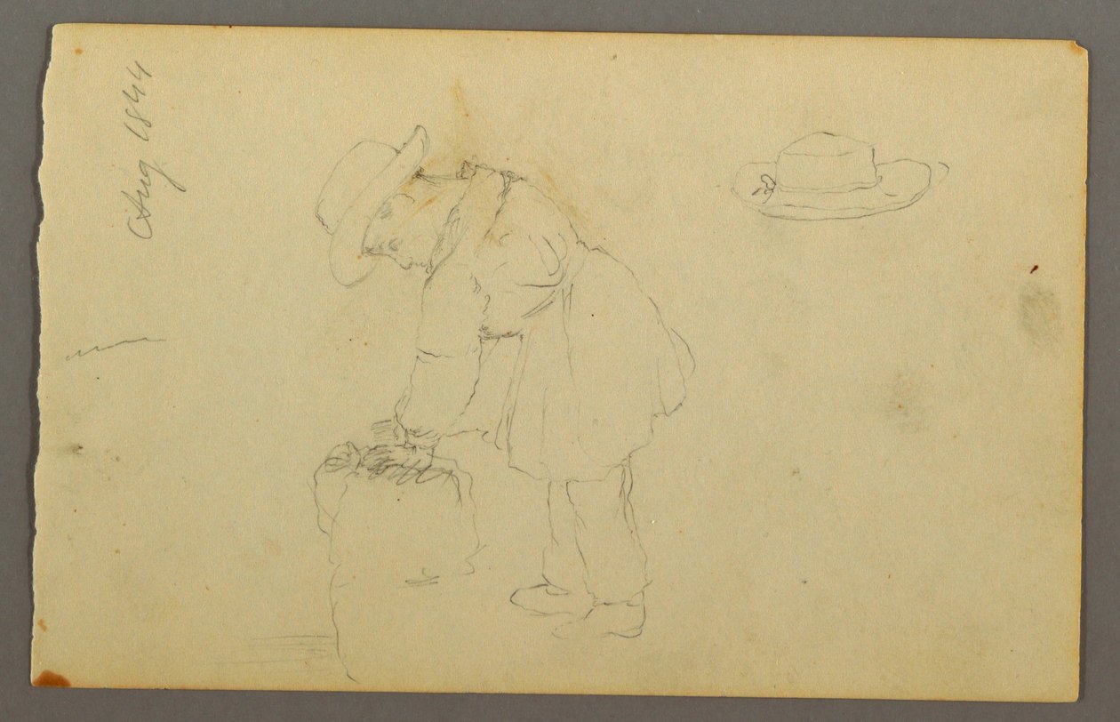 素描，靠在麻袋上的男孩，帽子，1844 年 作者 弗雷德里克·埃德温·丘奇