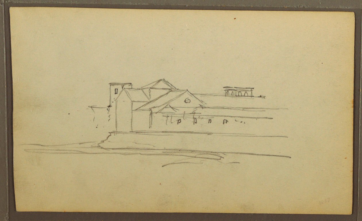 素描，教堂，塔楼；背面：独木舟上的人物，植物素描，1857 年 作者 弗雷德里克·埃德温·丘奇