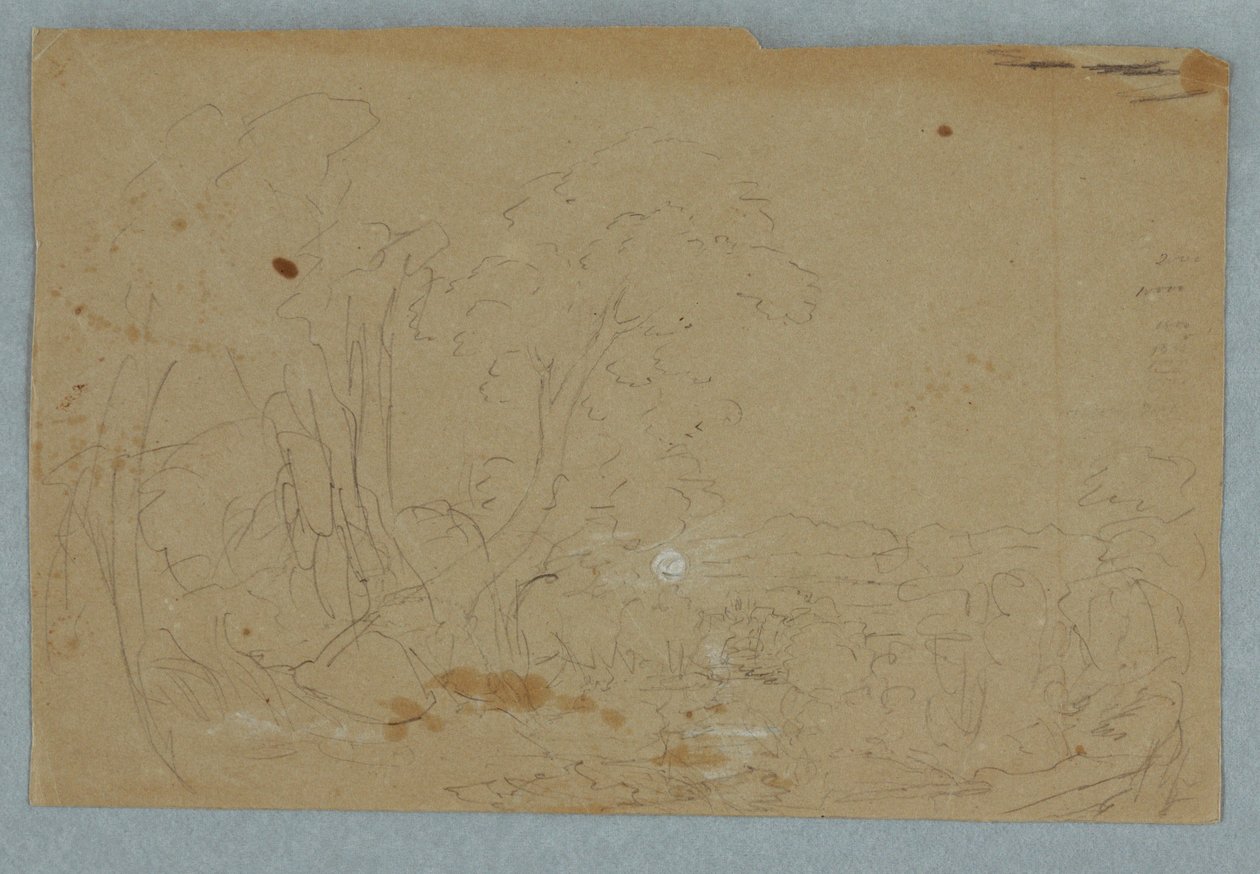 素描，丘陵地貌上的阴天；背面：小溪中倒映的满月，1845-50 年 作者 弗雷德里克·埃德温·丘奇