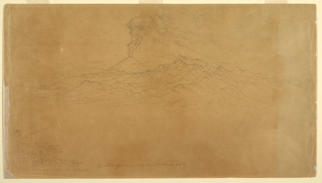 绘图，科塔帕希火山在山脉背后喷发，厄瓜多尔，1857 年 作者 弗雷德里克·埃德温·丘奇