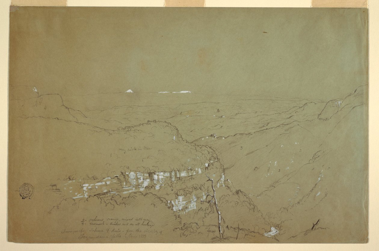 图画，从哥伦比亚 Tequendama 瀑布附近远眺托利马火山和鲁伊斯火山，1853 年 6 月 作者 弗雷德里克·埃德温·丘奇