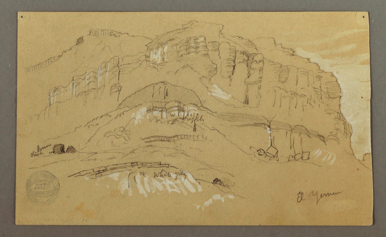 绘图，阿拉伯也门山谷：  岩壁，1868 年 2 月 20 日 作者 弗雷德里克·埃德温·丘奇