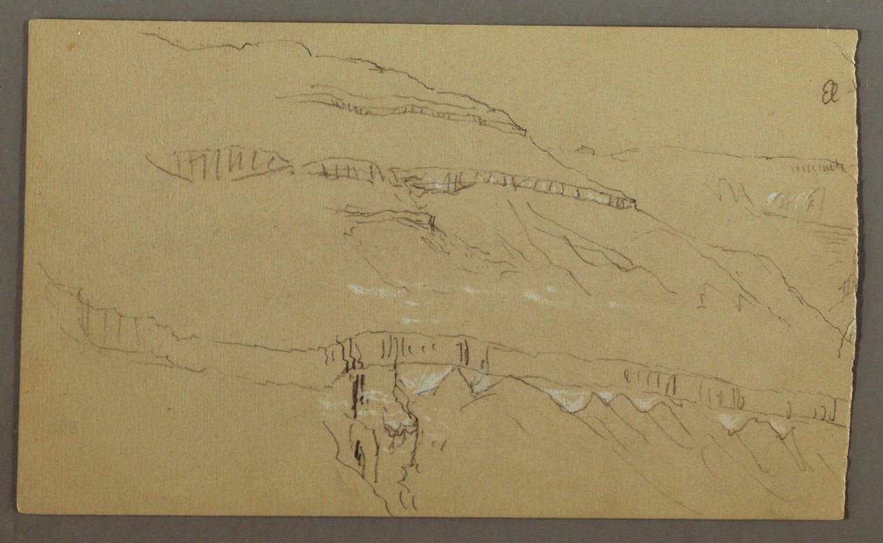 绘图，阿拉伯也门山谷：上部类似一排柱子的岩壁，1868 年 2 月 20 日 作者 弗雷德里克·埃德温·丘奇