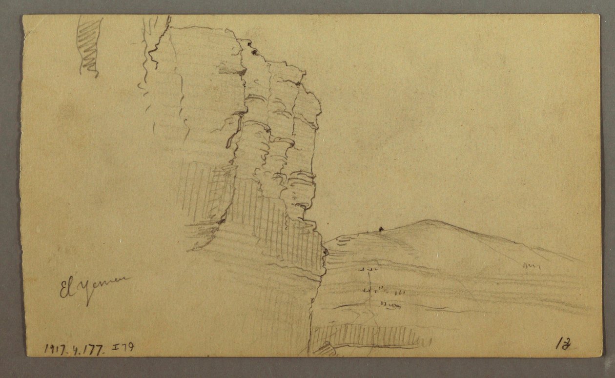 绘图，阿拉伯也门山谷：上部类似一排柱子的岩壁，1868 年 2 月 20 日 作者 弗雷德里克·埃德温·丘奇
