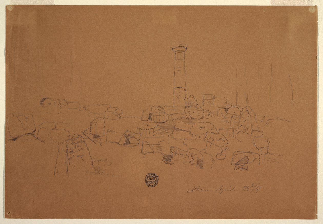 绘图，倒塌的柱子，奥林匹亚宙斯神庙，雅典，1869 年 4 月 24 日 作者 弗雷德里克·埃德温·丘奇