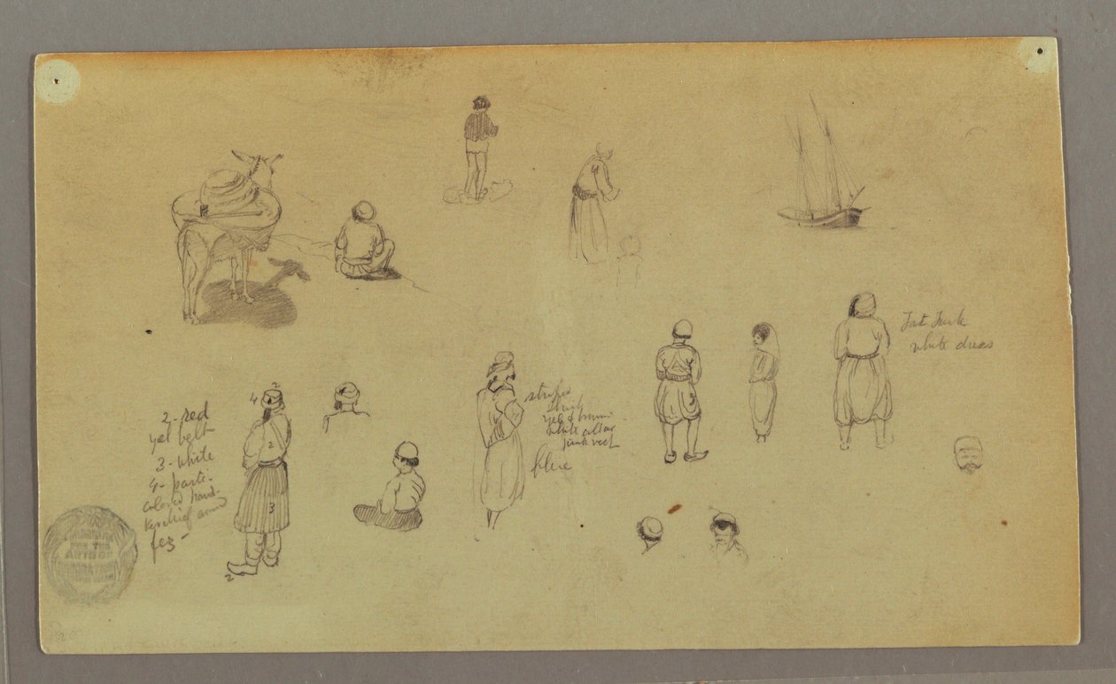 素描，人物研究，驮驴，帆船，可能创作于 1868 年 作者 弗雷德里克·埃德温·丘奇