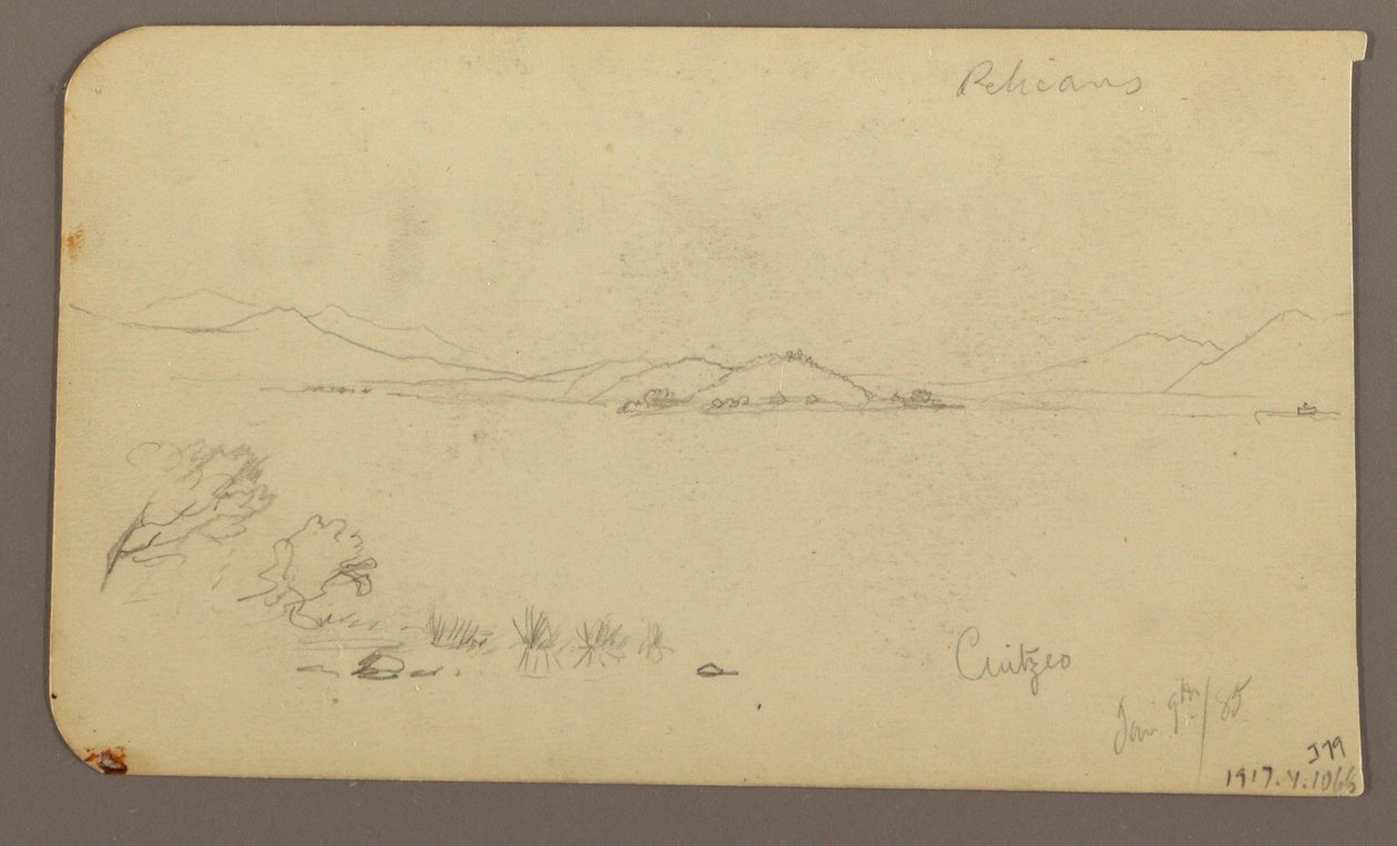 素描，人物和牛车，柏树；背面：奎泽奥湖对面的景色，1885 年 1 月 作者 弗雷德里克·埃德温·丘奇