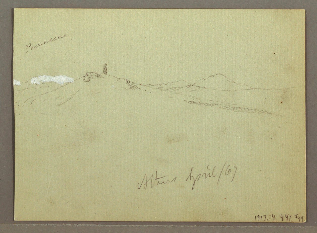 素描，羊群和牧羊人，白雪覆盖的山脉，1869 年 4 月 作者 弗雷德里克·埃德温·丘奇
