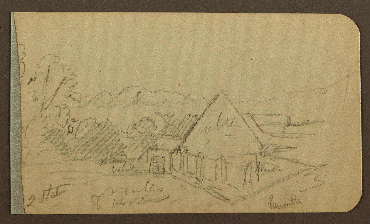 素描，花园，房屋，库奥特拉；背面：教堂，谷仓，库奥特拉，1885 年 2 月 作者 弗雷德里克·埃德温·丘奇