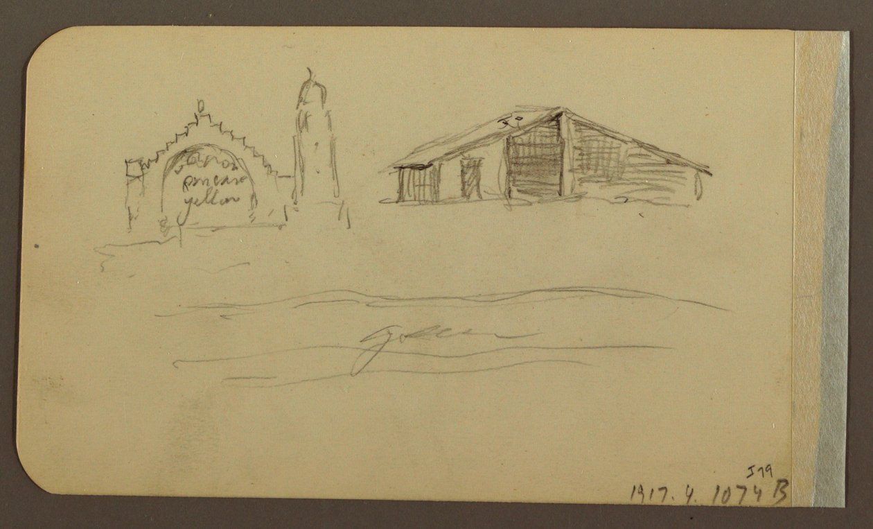 素描，花园，房屋，库奥特拉；背面：教堂，谷仓，库奥特拉，1885 年 2 月 作者 弗雷德里克·埃德温·丘奇