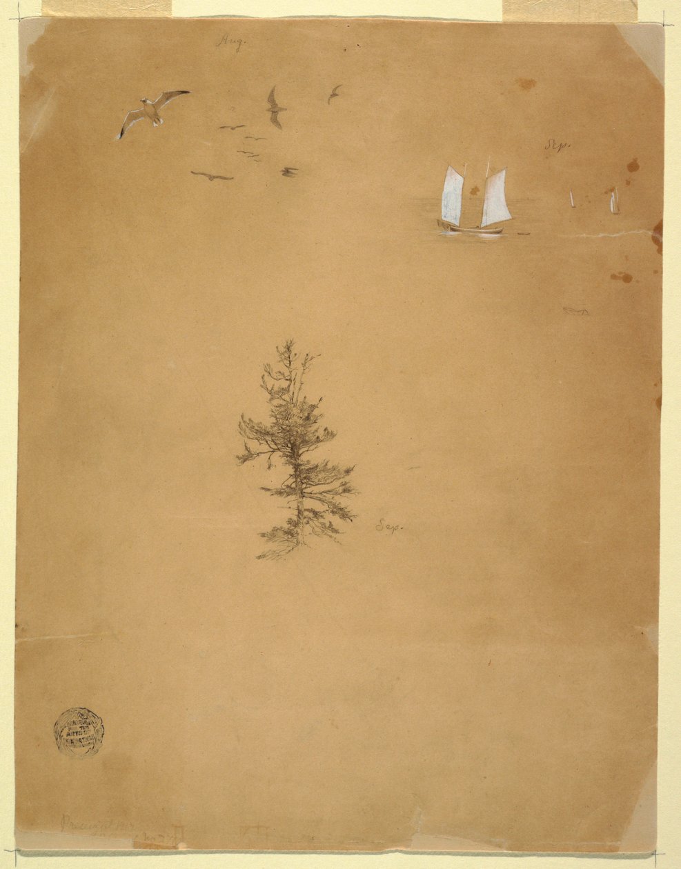 绘画，海鸥，帆船，树，1859 年 8 月和 9 月 作者 弗雷德里克·埃德温·丘奇