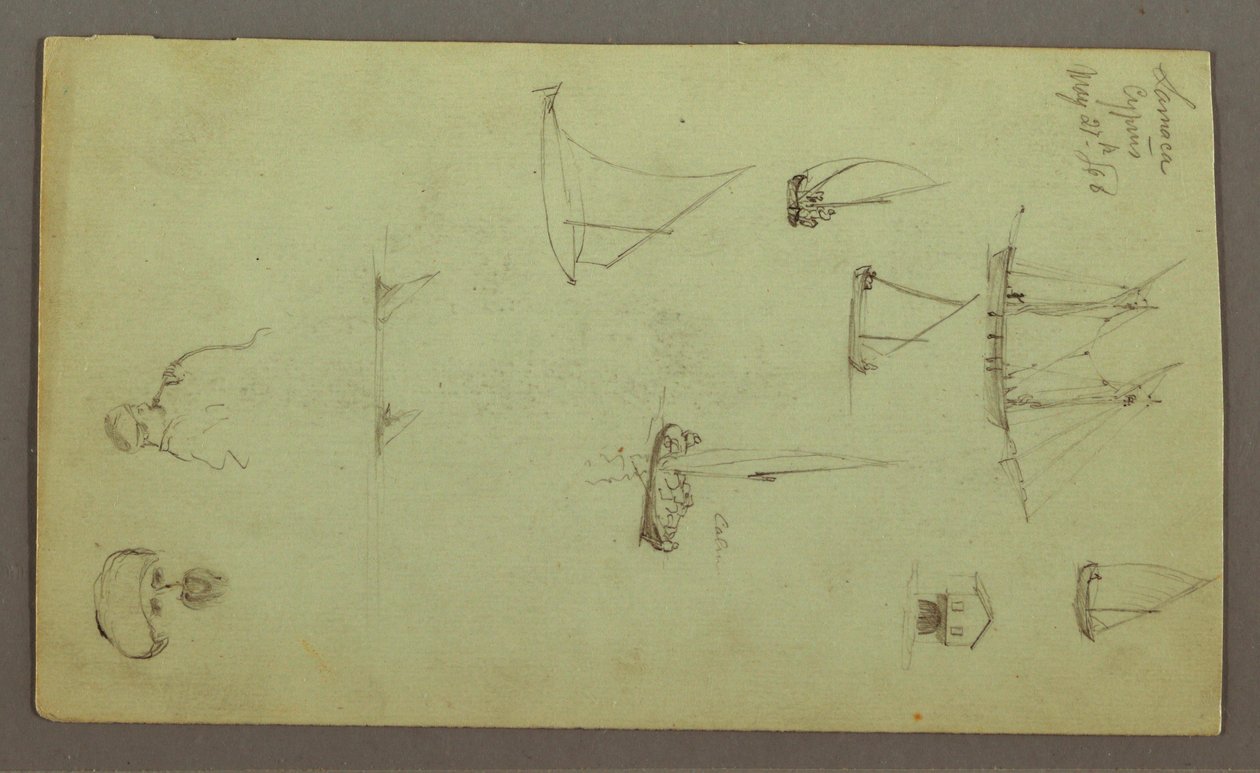 素描，男子头部，吸烟男子，帆船研究，房屋，1868 年 5 月 27 日 作者 弗雷德里克·埃德温·丘奇