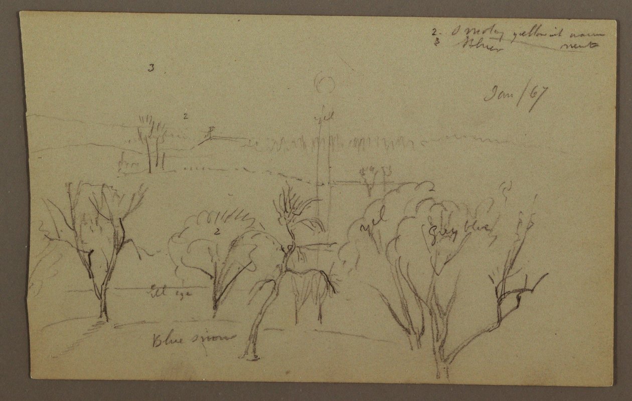 素描，山丘，树木，弱阳，1867 年 作者 弗雷德里克·埃德温·丘奇
