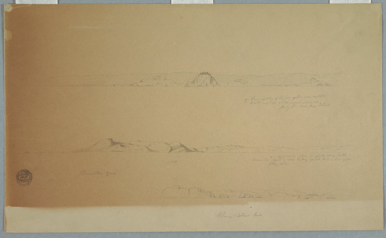 素描，福戈岛附近的风景，布里姆斯通，头，变化岛岩石，1869 年 7 月 2 日 作者 弗雷德里克·埃德温·丘奇