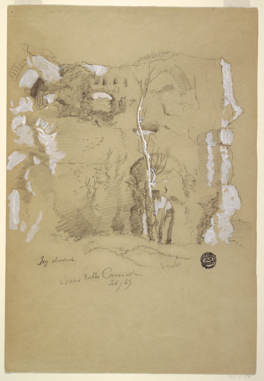 素描，罗马卡拉卡拉浴场附近的风景，1869 年 2 月 作者 弗雷德里克·埃德温·丘奇