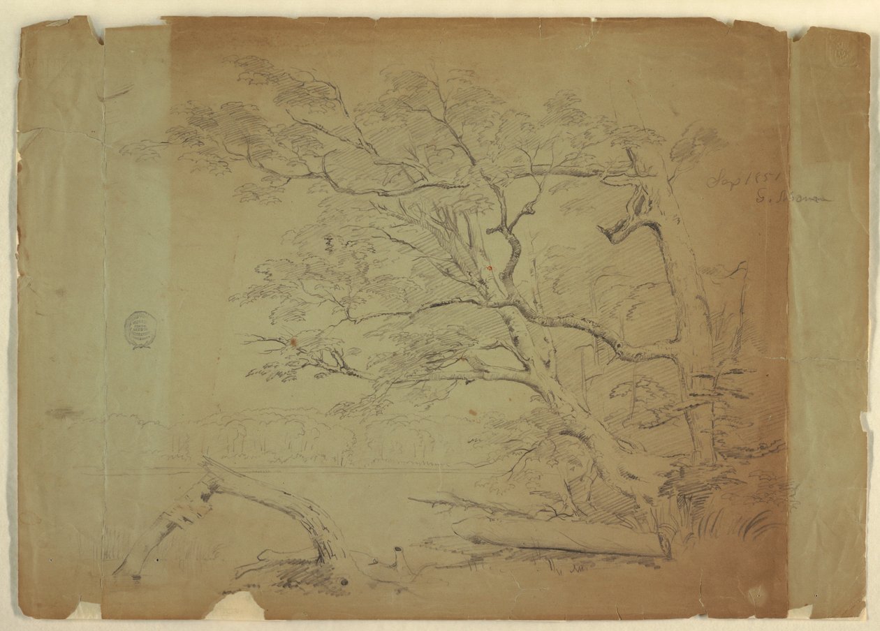 素描，有树木和溪流的风景[]，加拿大大马南岛，1851 年 9 月 作者 弗雷德里克·埃德温·丘奇