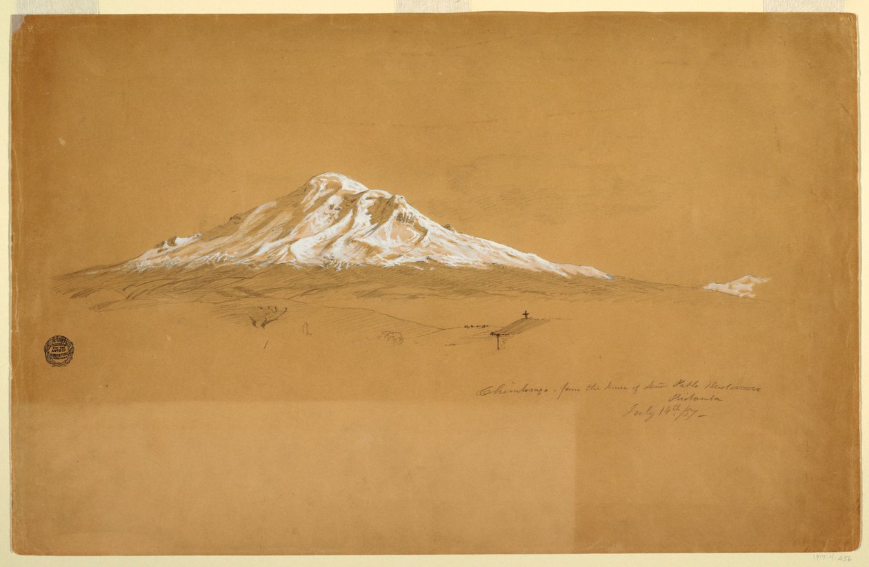 图画，1857 年 7 月 14 日，厄瓜多尔里奥班巴，从巴勃罗-布斯塔曼特老人家中眺望钦博拉索山 作者 弗雷德里克·埃德温·丘奇