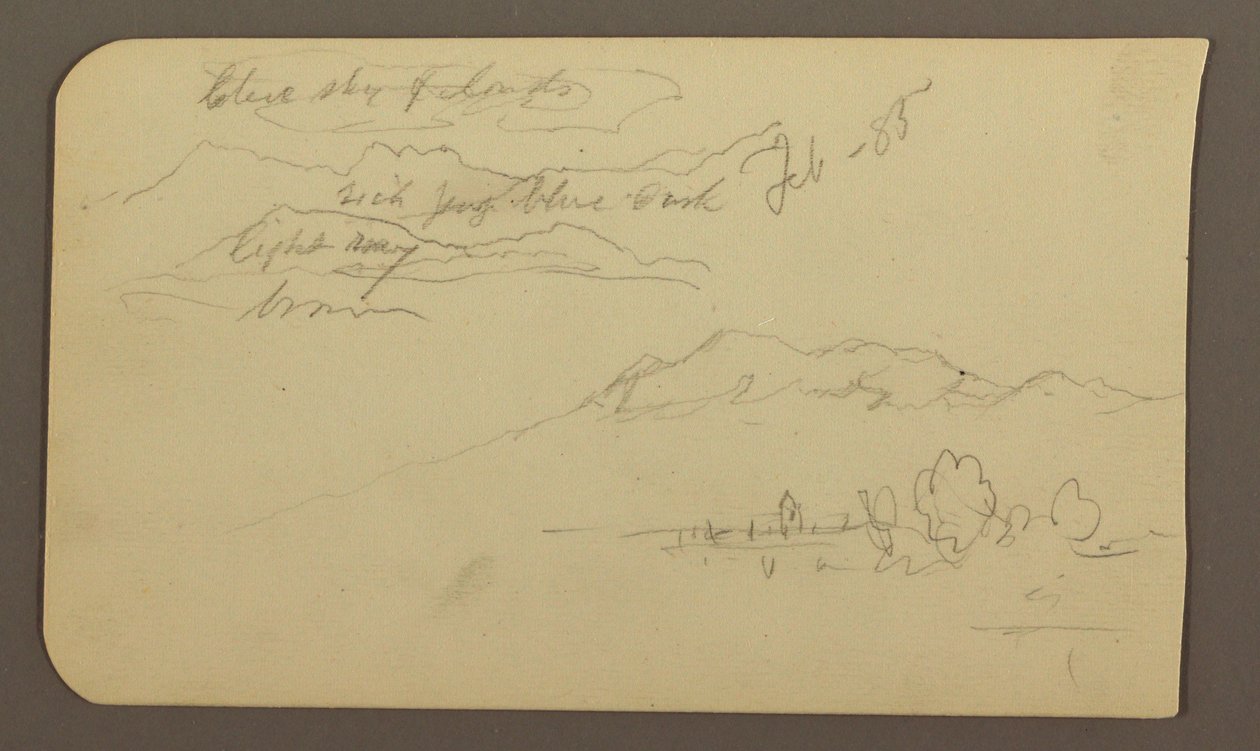 素描，山脉，库奥特拉，教堂；背面：卧马，风景注释，1885 年 2 月 作者 弗雷德里克·埃德温·丘奇