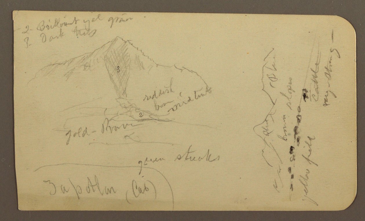 素描，山，萨博特兰；背面：山坡树林，奎策奥湖，1885 年 1 月 作者 弗雷德里克·埃德温·丘奇