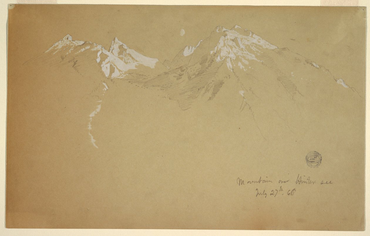 素描，"Hintersee 上的山"，1868 年 7 月 27 日，巴伐利亚贝希特斯加登附近 作者 弗雷德里克·埃德温·丘奇