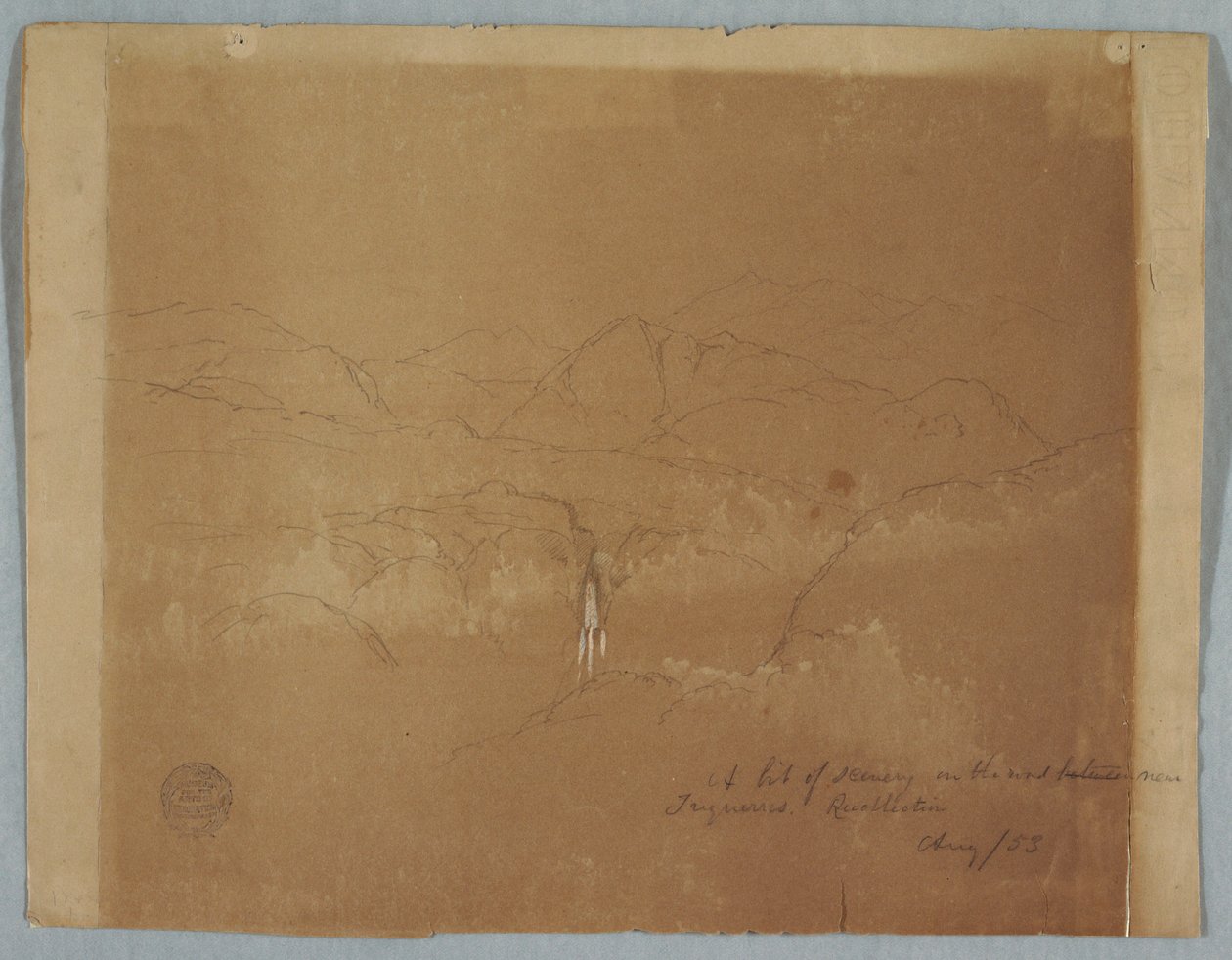素描，带瀑布的山景，哥伦比亚图克雷斯附近，1853 年 8 月 作者 弗雷德里克·埃德温·丘奇
