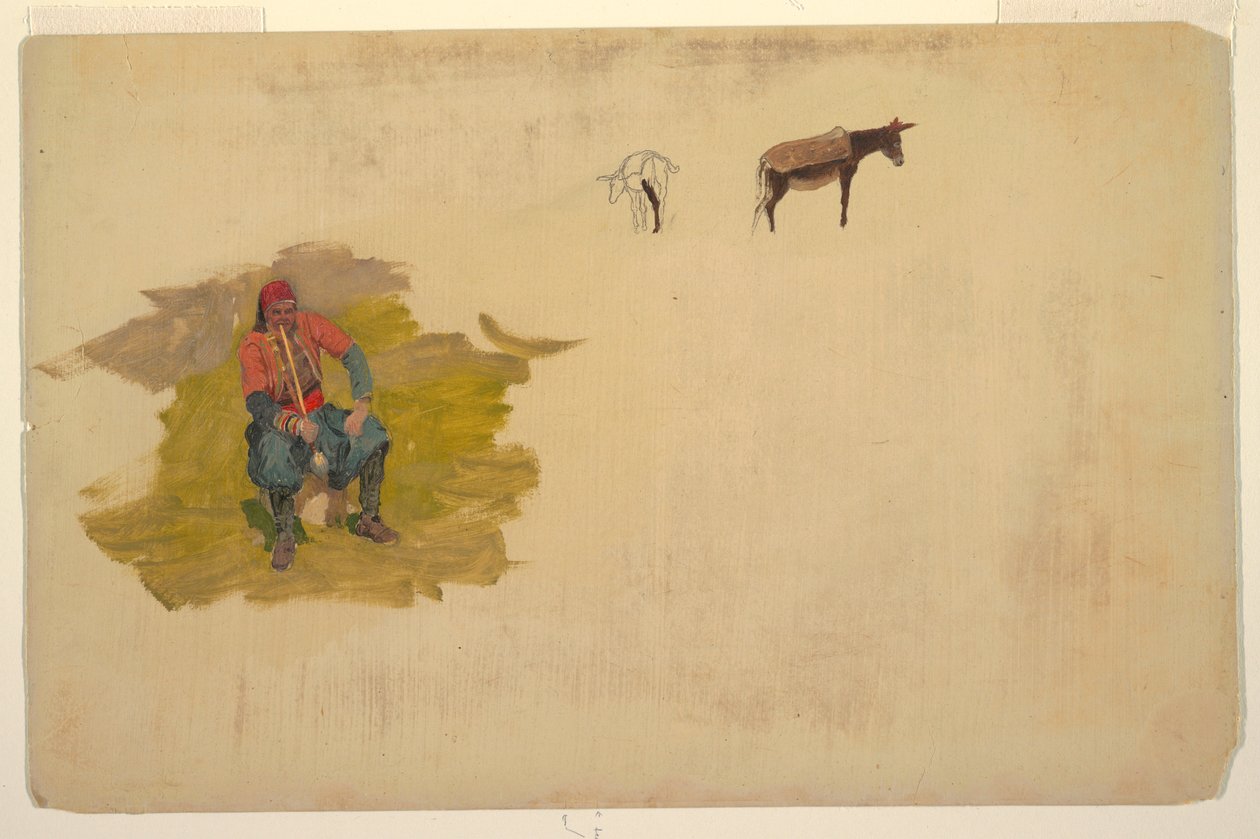 素描，近东，人；驴，1868-69 年 作者 弗雷德里克·埃德温·丘奇