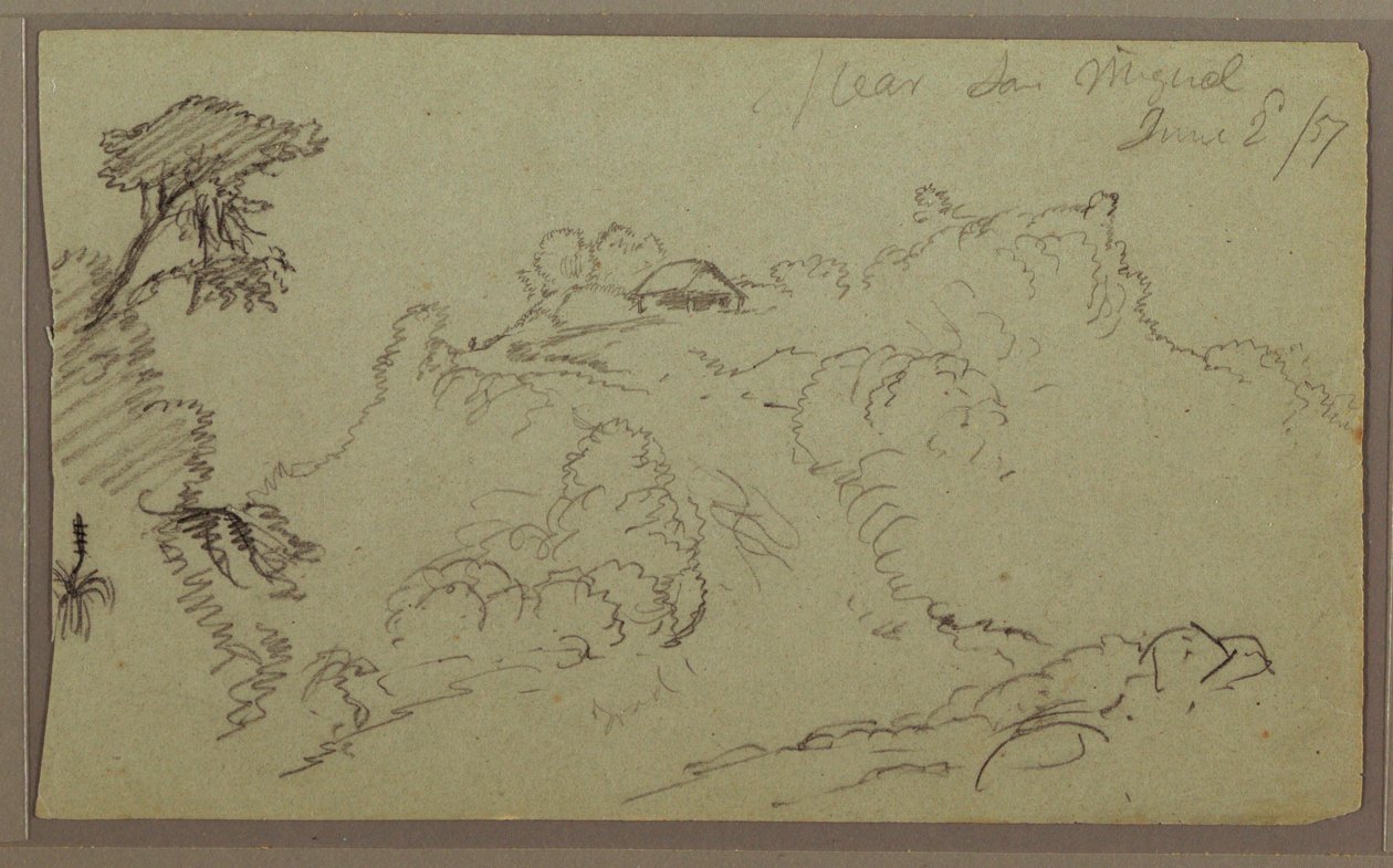 素描，厄瓜多尔圣米格尔附近；背面：未完成的山地素描，1857 年 6 月 2 日 作者 弗雷德里克·埃德温·丘奇