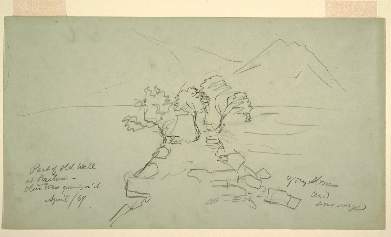 绘图，帕埃斯图姆的部分古城墙，上面生长着橄榄树，1869 年 4 月 作者 弗雷德里克·埃德温·丘奇